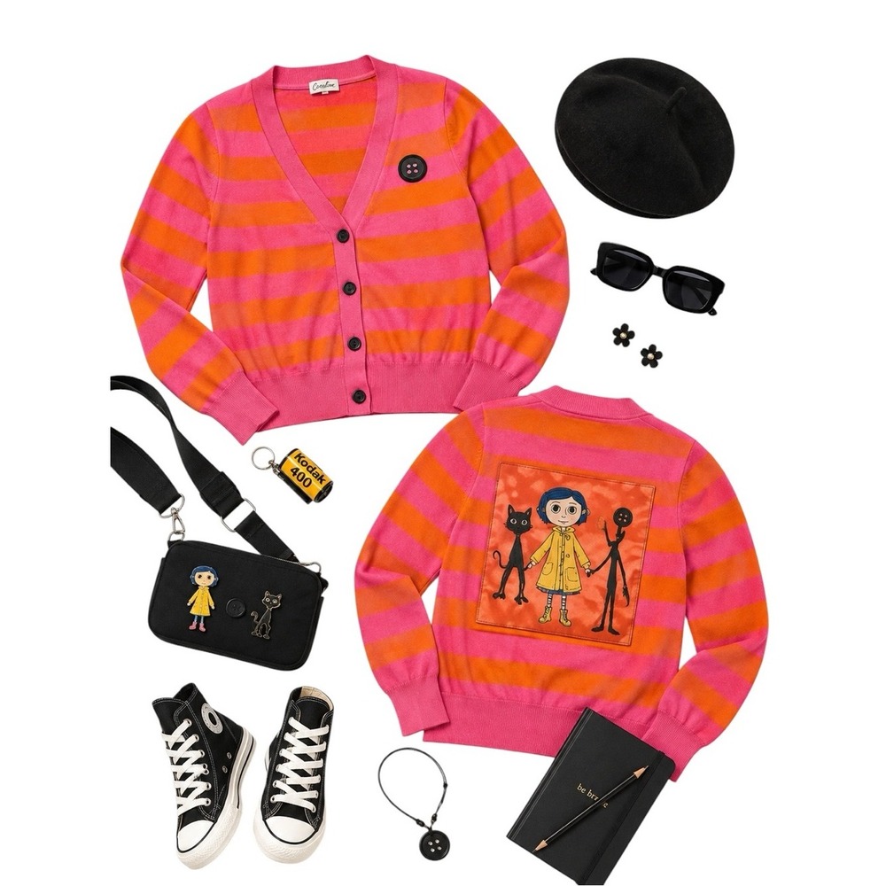 Coraline Pink Orange Striped Button Cardigan Women's Medium M Goth Movie Sweater